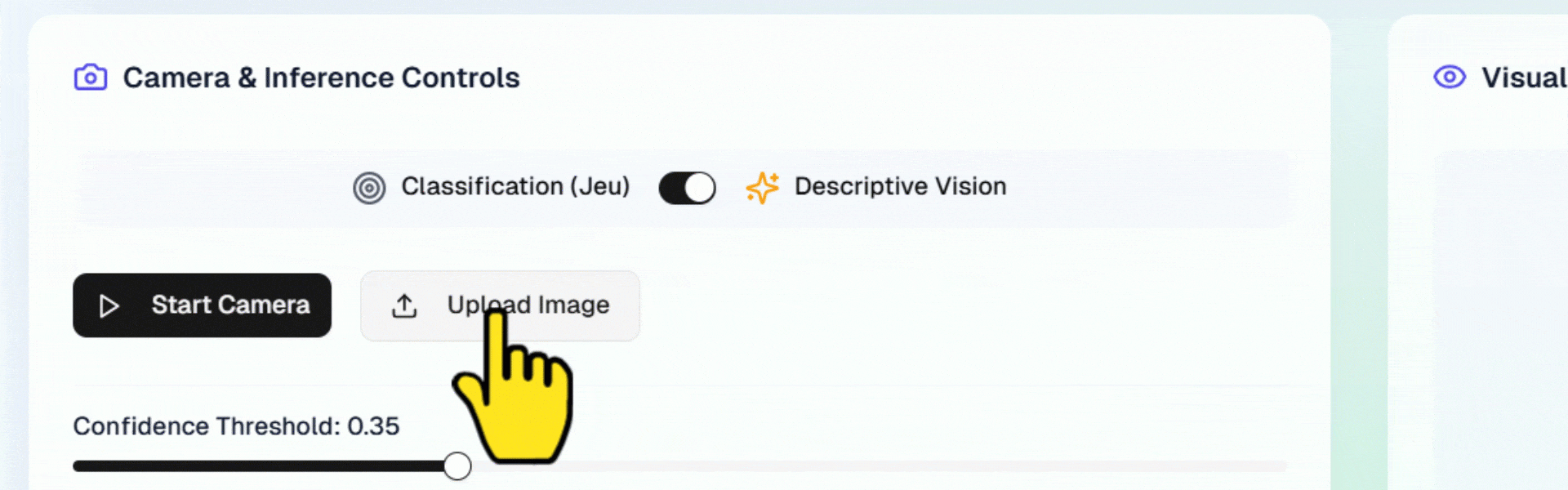 Inference demo: camera or image upload, classification and descriptive vision